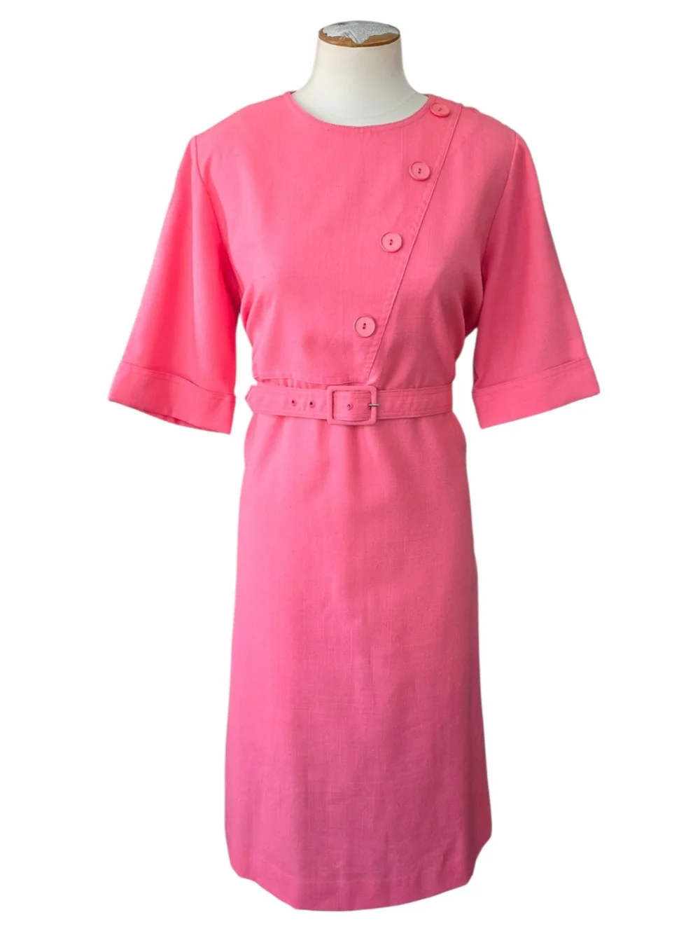 Vintage 1960s Hal Hardin Pink A-Line Dress Belted Mod Shift Womens Size 12- 14 - Picture 2 of 12